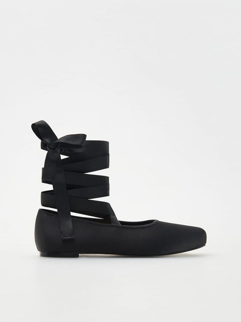 Reserved Women's Black Satin Ballerinas With Tie Straps |Reserved In Lebanon