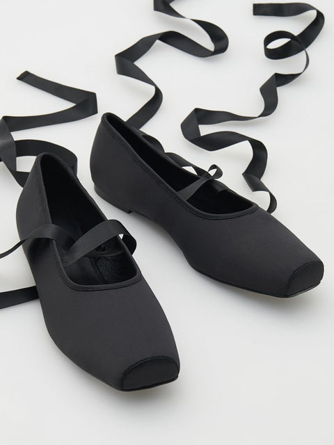 Reserved Women's Black Satin Ballerinas With Tie Straps |Reserved In Lebanon