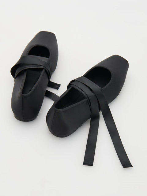 Reserved Women's Black Satin Ballerinas With Tie Straps |Reserved In Lebanon