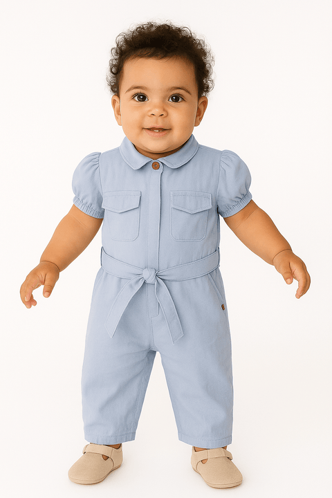 POMPdeLUX Girl's Baby Blue Organic Cotton Short-Sleeve Jumpsuit | POMPdeLUX In Lebanon