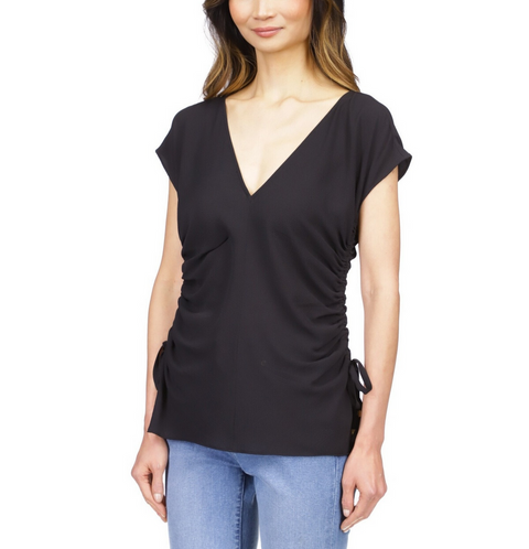 Michael Kors Women's Black Solid Ruched V-Neck Blouse | Michael Kors In Lebanon