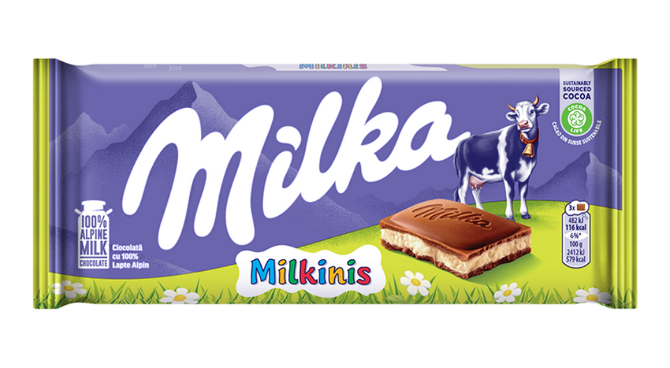 Milka chocolate bar packaging with a cow illustration on a white background
