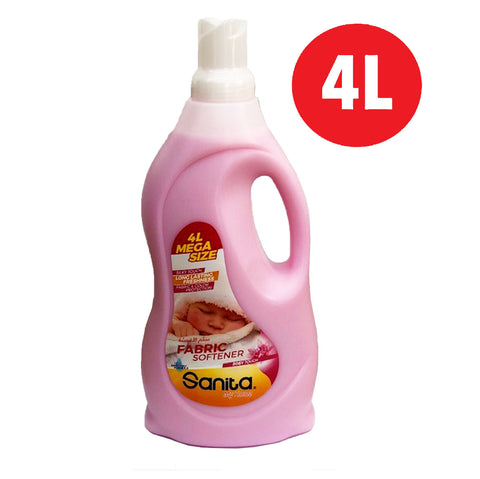 Pink bottle of Sanita fabric softener with a 4L label on a white background