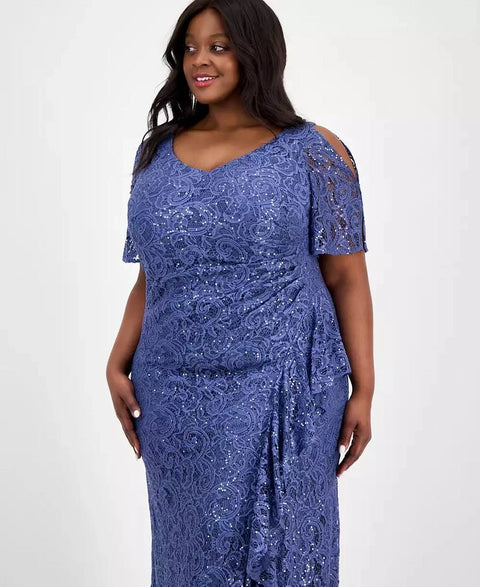 Alex Evenings Women’s Dusty Blue Plus Size V-Neck Ruffle-Trim-Slit Sequin Dress|Alex Evenings In Lebanon