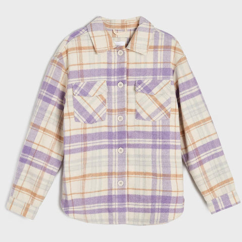 Plaid shirt with purple and beige colors on a white background