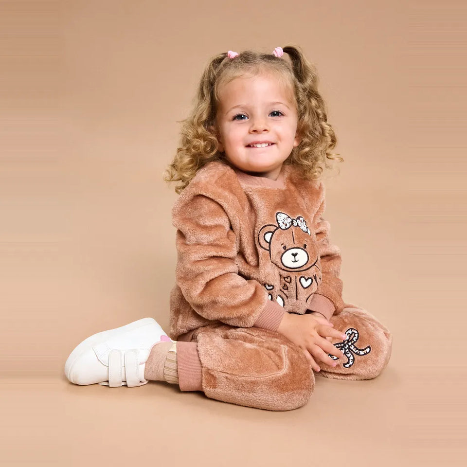 Sinsay Baby Girl's Brown Animal Printed Crewneck Sweater with Faux Fur