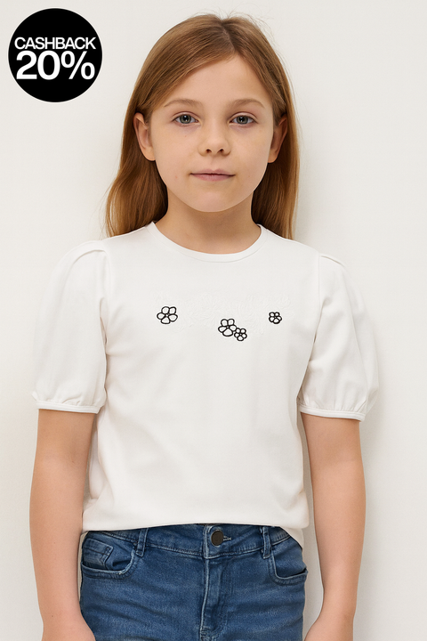 Reserved Girl's White Patterned short Puff Sleeve Blouse |Reserved In Lebanon