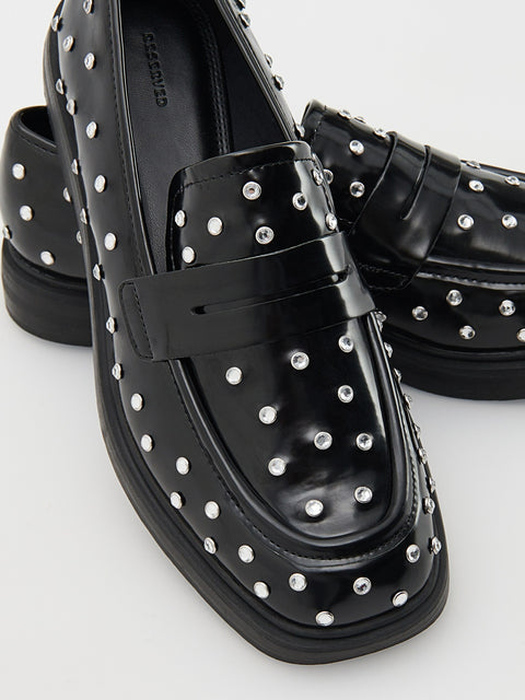 Reserved Women's Black Leather Crystal-Studded Casual Shoes | Reserved In Lebanon