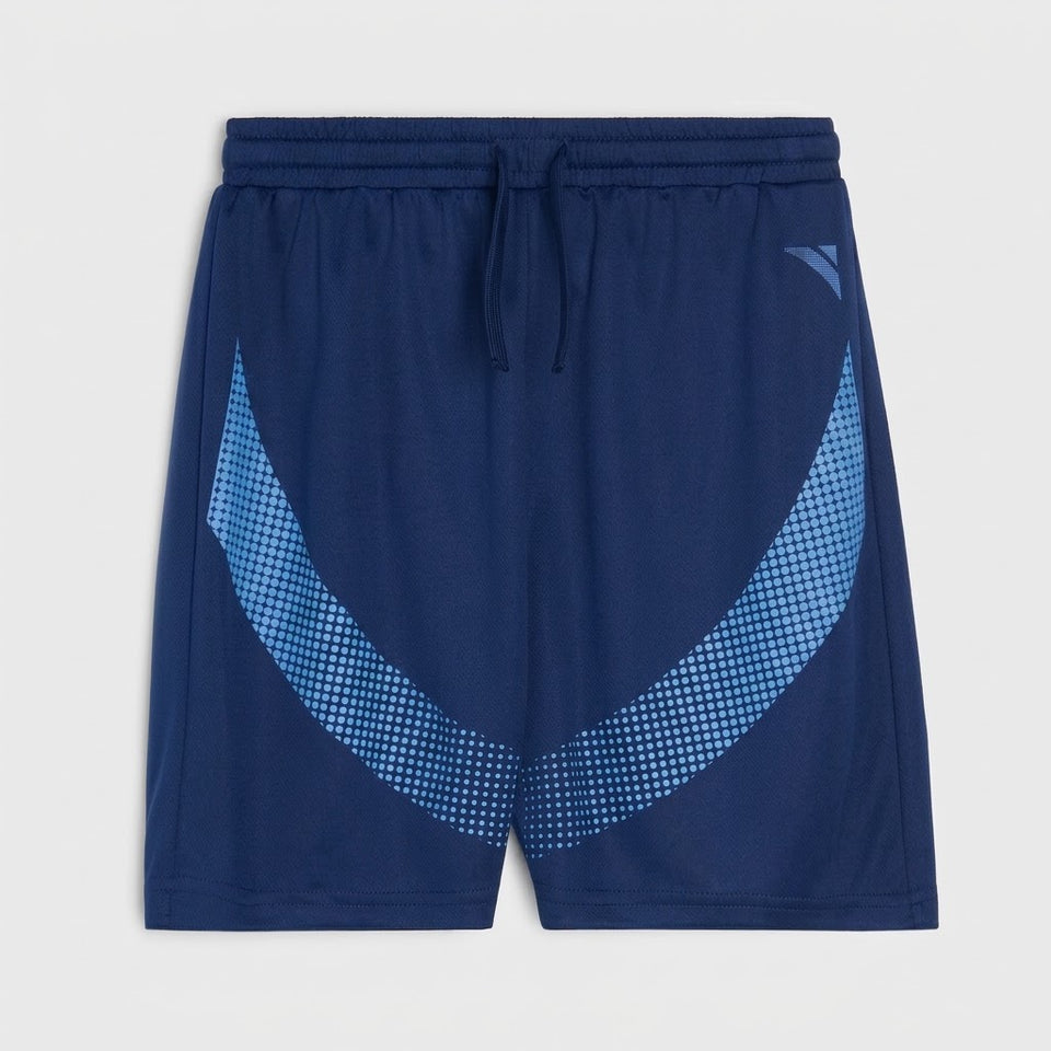 Navy blue athletic shorts with a light blue dotted V-shaped graphic on the front and a matching drawstring waist, shown flat on a light gray background.