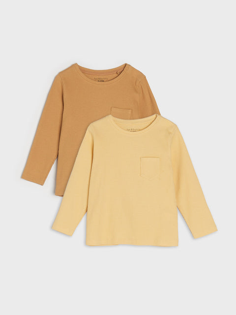 Two long-sleeve shirts, one brown and one yellow, on a light gray background.