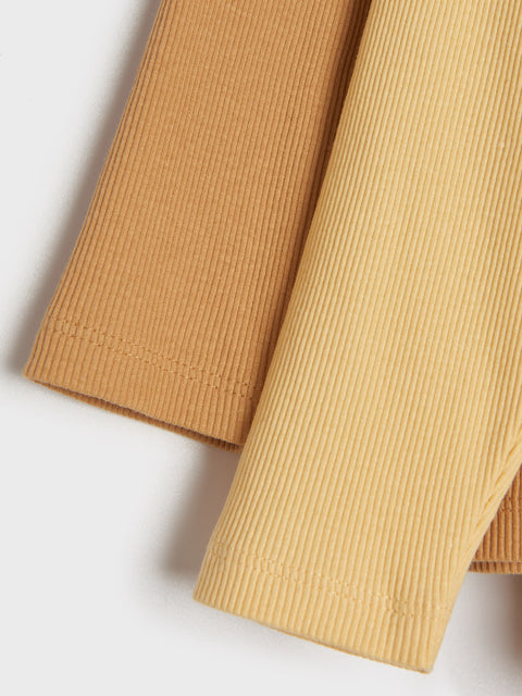 Two ribbed fabric swatches in brown and beige on a white background