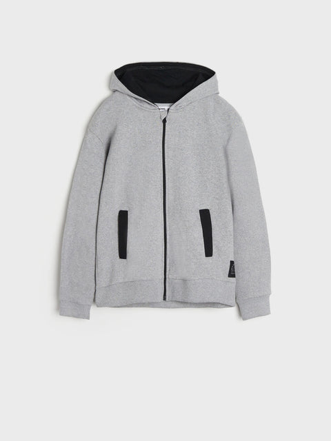 Gray hoodie with black accents on a white background
