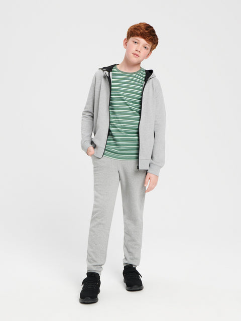 Young boy wearing a gray tracksuit with a green striped shirt on a white background