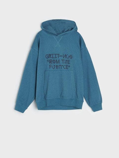 Blue hoodie with text on a light gray background