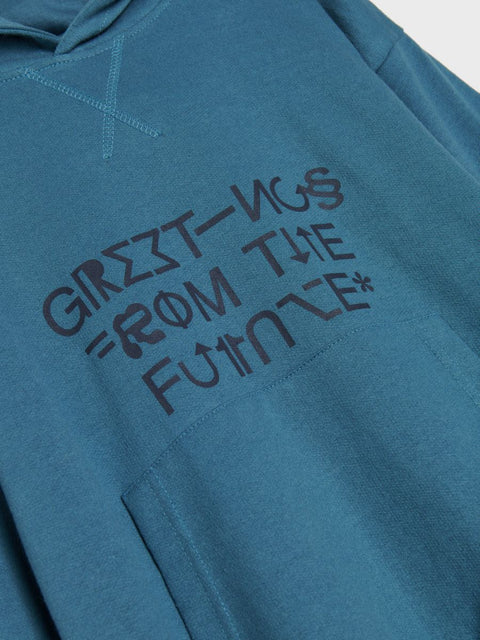 Blue hoodie with text design on a white background