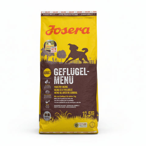 Bag of Josera poultry menu dog food on a concrete surface