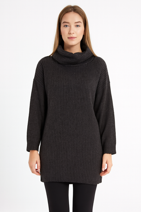 Big Dart Women's Gray Turtle Neck Long Sleeve Knitted Mini Dress | Big Dart In Lebanon