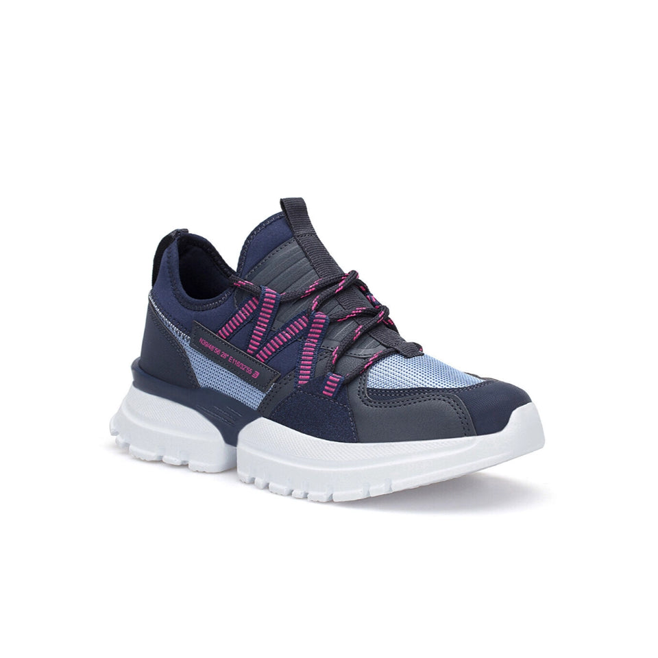 A single children's athletic sneaker in navy blue and light blue, featuring pink laces and a thick white sole, shown from a three-quarters angle on a white background.