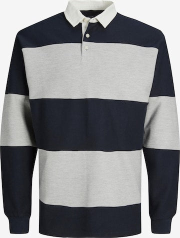 Long-sleeve rugby shirt with navy and gray stripes on a white background