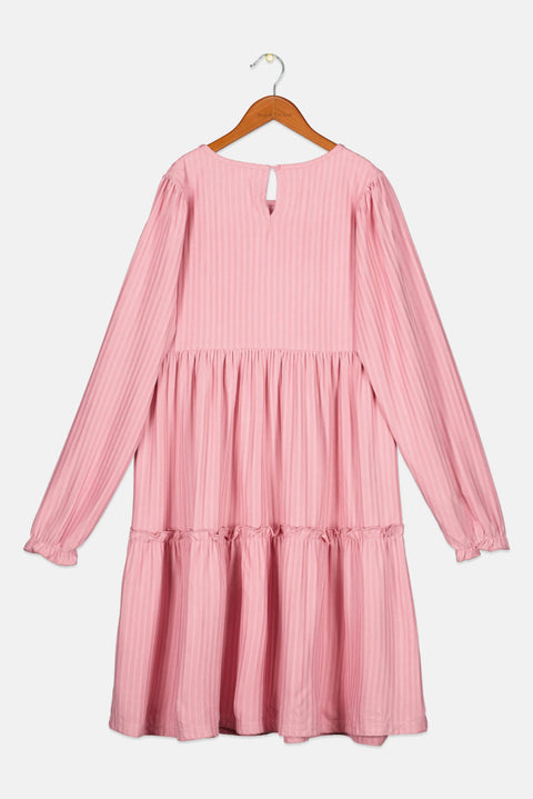 Reserved Girl's Pink Round Neck Long Sleeve Ribbed Midi Dress | Reserved In Lebanon