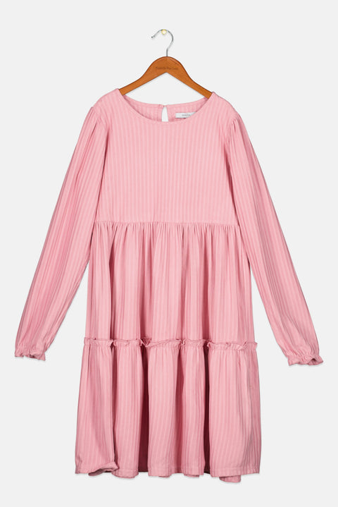 Reserved Girl's Pink Round Neck Long Sleeve Ribbed Midi Dress | Reserved In Lebanon