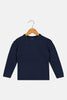 Navy blue sweater on a wooden hanger against a white background