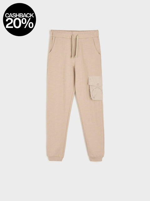 Beige cargo pants on a white background