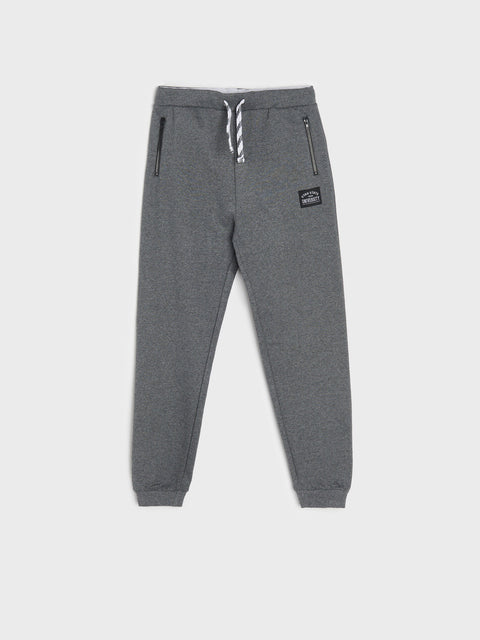 Gray sweatpants with a brand logo on a white background