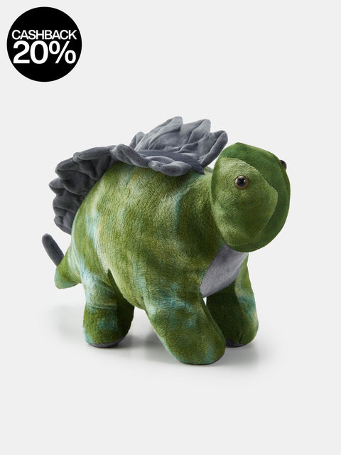 Green plush dinosaur toy with a gray wing on a white background