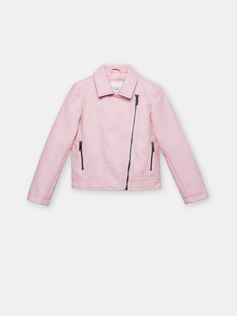 Pink jacket with black zippers on a light gray background