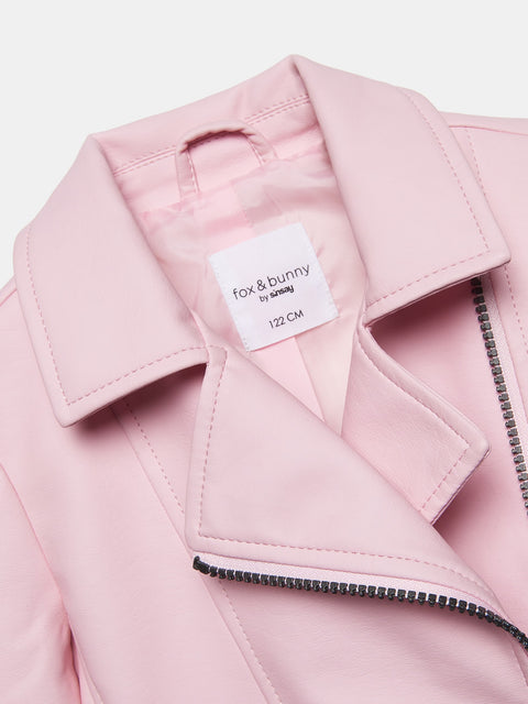 Close-up of a pink jacket with a brand tag on a white background