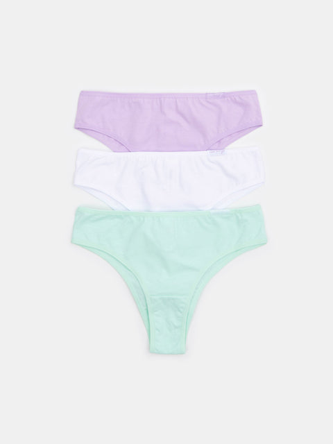 Three pairs of pastel-colored underwear on a white background