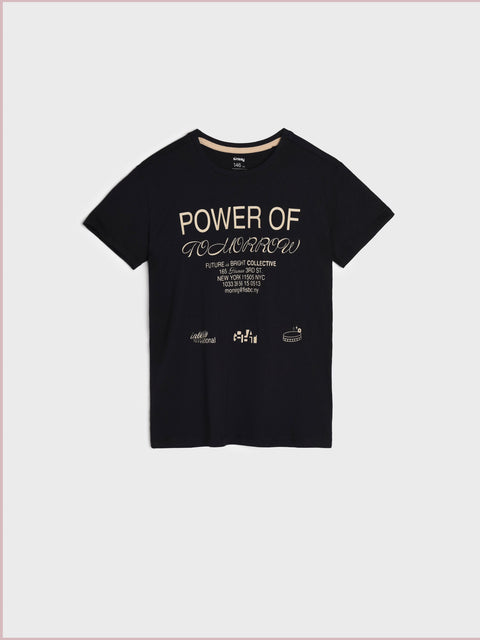 Black t-shirt with text and graphics on a white background