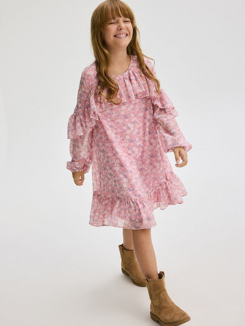 Reserved Girl's Pink Floral Ruffle Sleeve Dress | Reserved In Lebanon