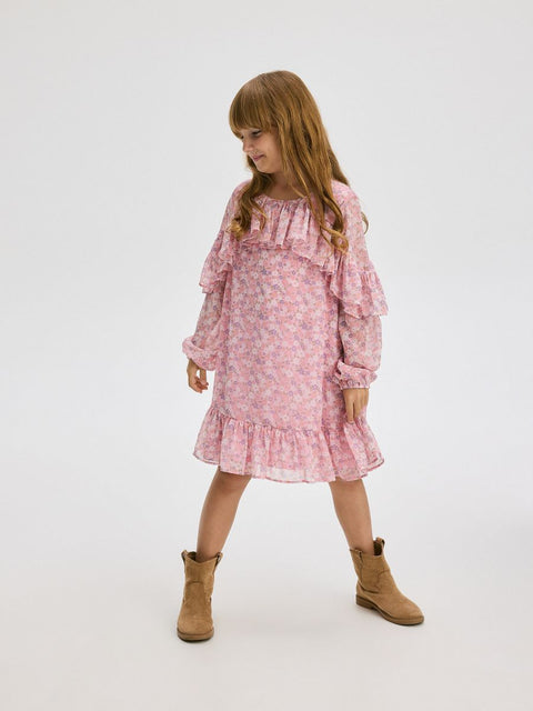 Reserved Girl's Pink Floral Ruffle Sleeve Dress | Reserved In Lebanon