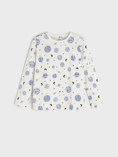 Long-sleeve shirt with space-themed pattern on a white background