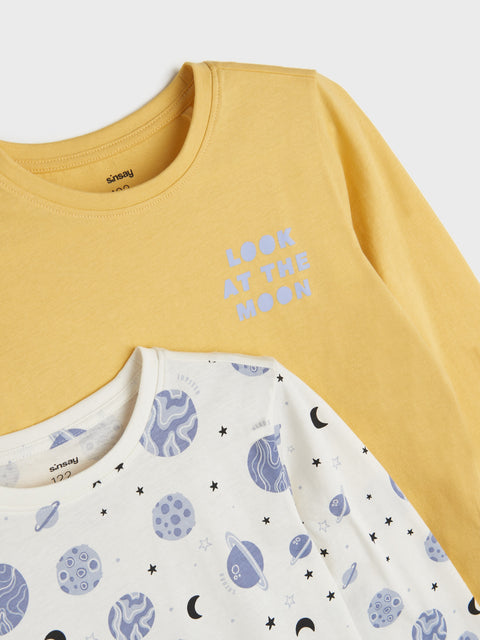Yellow long-sleeve shirt with space-themed design on a white background