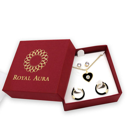 Royal Aura Women's Gold-Tone Heart Crystal & Black Enamel Heart Jewelry Set |Royal Aura In Lebanon