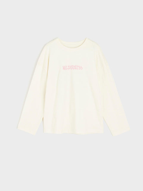 White sweatshirt with pink text on a light gray background