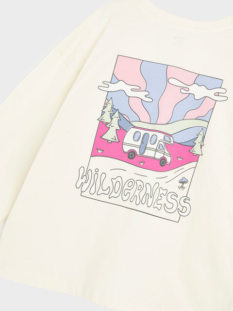 Sweatshirt with a graphic of a camper van and mountains on a pastel background, with the word 'Wilderness'.