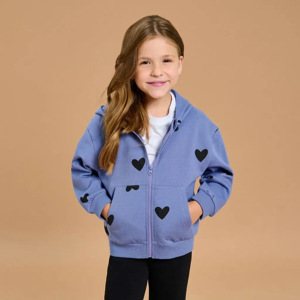 Sinsay Girl's Blue Black Heart Zip Up Hooded Jacket