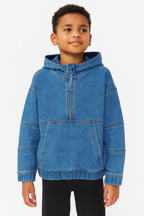 Reserved Boy's Blue Kangaroo Pocket 1/3 Zipper Denim Hoodie | Reserved In Lebanon