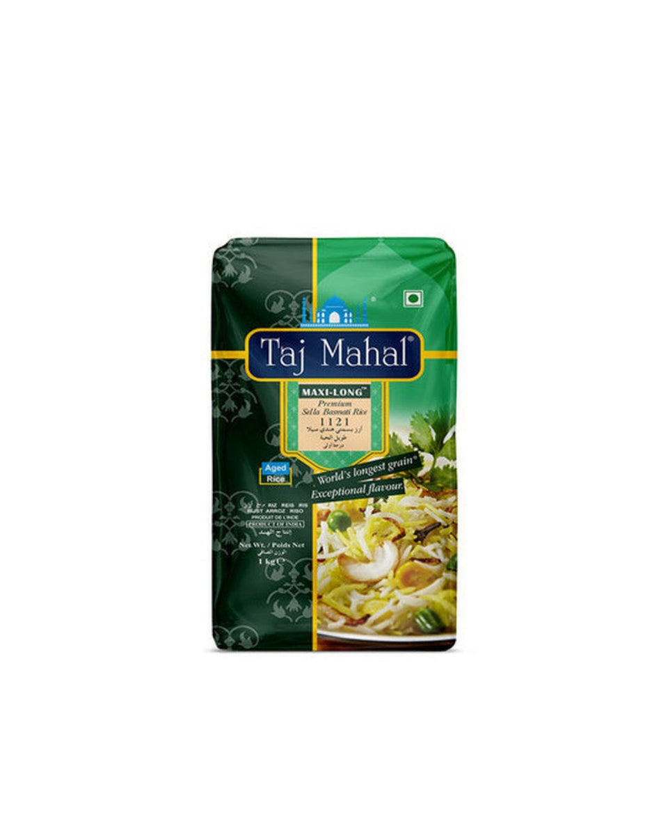 A package of Taj Mahal Maxi-Long Green Basmati Rice, 800g, with the rice displayed on the front.