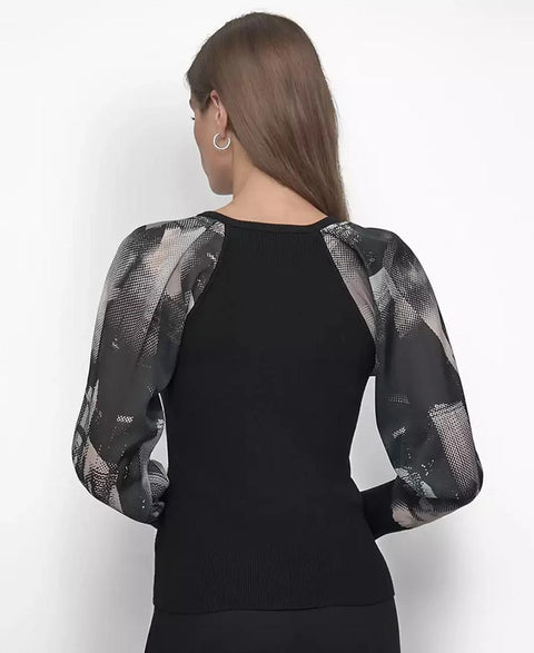 DKNY Women's Black Printed Organza-Sleeve V-Neck Blouse |DKNY In Lebanon