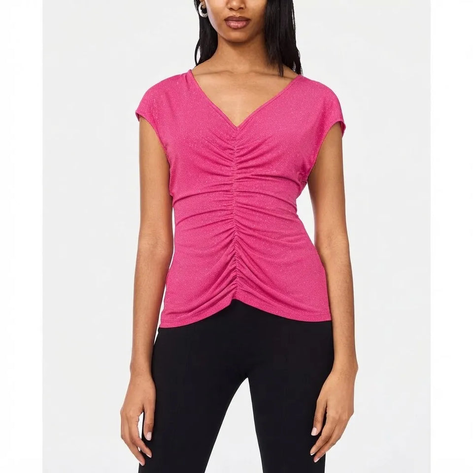 MSK Women's Fuchsia V-Neck Ruched Sparkle Sleeveless Blouse