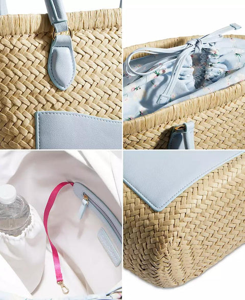 Collage of a woven bag with blue accents and a water bottle.