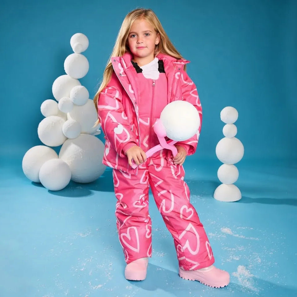 Sinsay Girl's Pink with White Heart Designed and Adjustable Black Shoulder Straps Half Zipped Snowsuit