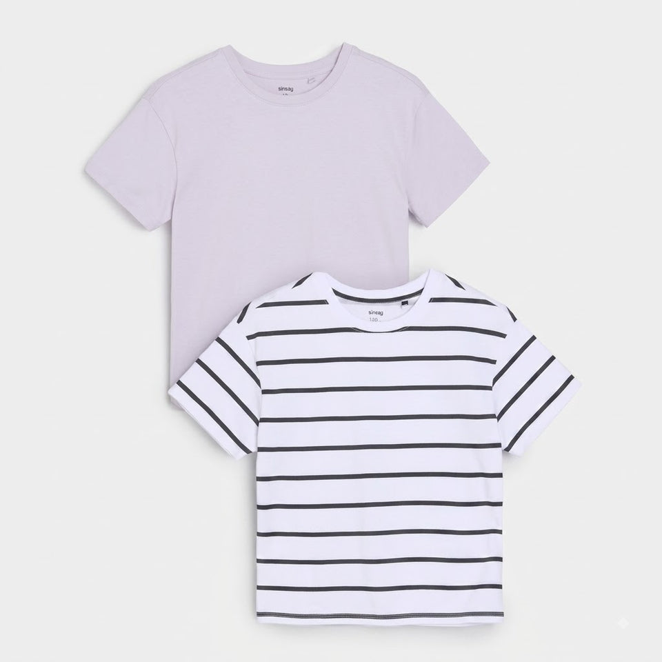 Two short-sleeve crew-neck t-shirts from the brand A40, displayed as a flat lay. The top shirt is a solid light lavender purple, and the bottom shirt is white with thin black horizontal stripes.
