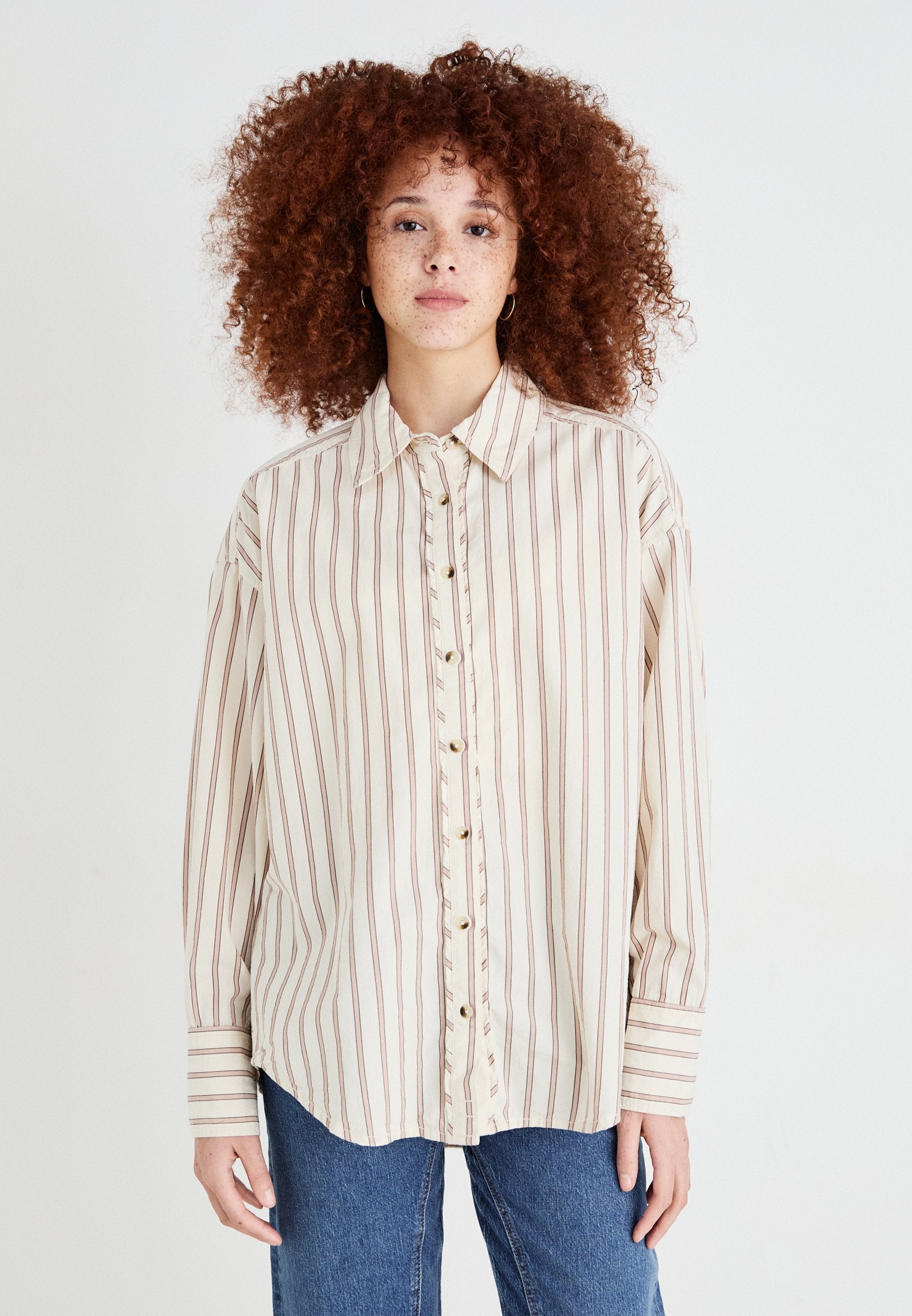 Free People Women's Beige Striped Varsity Vibes Button-Down Shirt | Free People In Lebanon