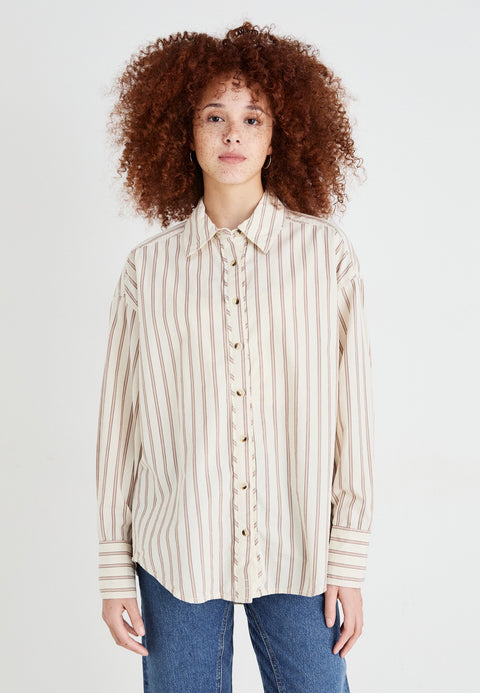 Free People Women's Beige Striped Varsity Vibes Button-Down Shirt | Free People In Lebanon